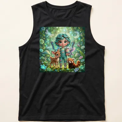 Kawaii magical girl with animals in a colorful enchanted forest illustration — printed on a tank top