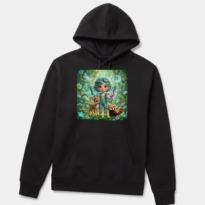 Kawaii magical girl with animals in a colorful enchanted forest illustration — printed on a unisex hoodie