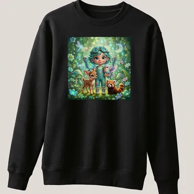 Kawaii magical girl with animals in a colorful enchanted forest illustration — printed on a unisex sweatshirt