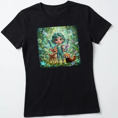 Kawaii magical girl with animals in a colorful enchanted forest illustration — printed on a women's shirt