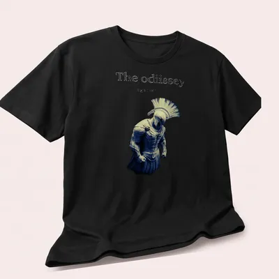 Dramatic Spartan warrior illustration with text on — printed on a unisex t-shirt (angled view)