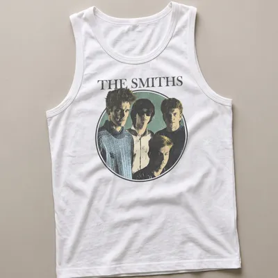 Retro portrait of The Smiths band members in blue, black, white, and green — printed on a tank top
