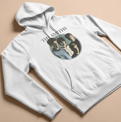 Retro portrait of The Smiths band members in blue, black, white, and green — printed on a unisex hoodie