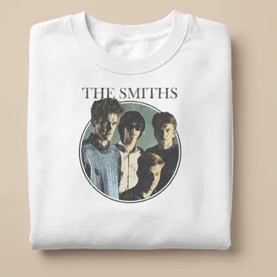 Retro portrait of The Smiths band members in blue, black, white, and green — printed on a unisex sweatshirt
