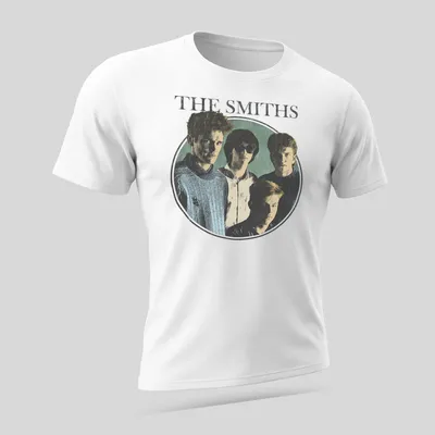 Retro portrait of The Smiths band members in blue, black, white, and green — printed on a unisex t-shirt (angled view)