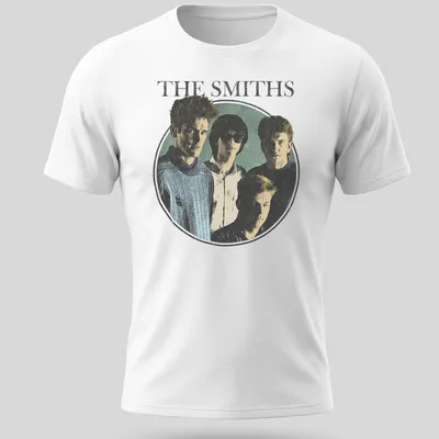 Retro portrait of The Smiths band members in blue, black, white, and green