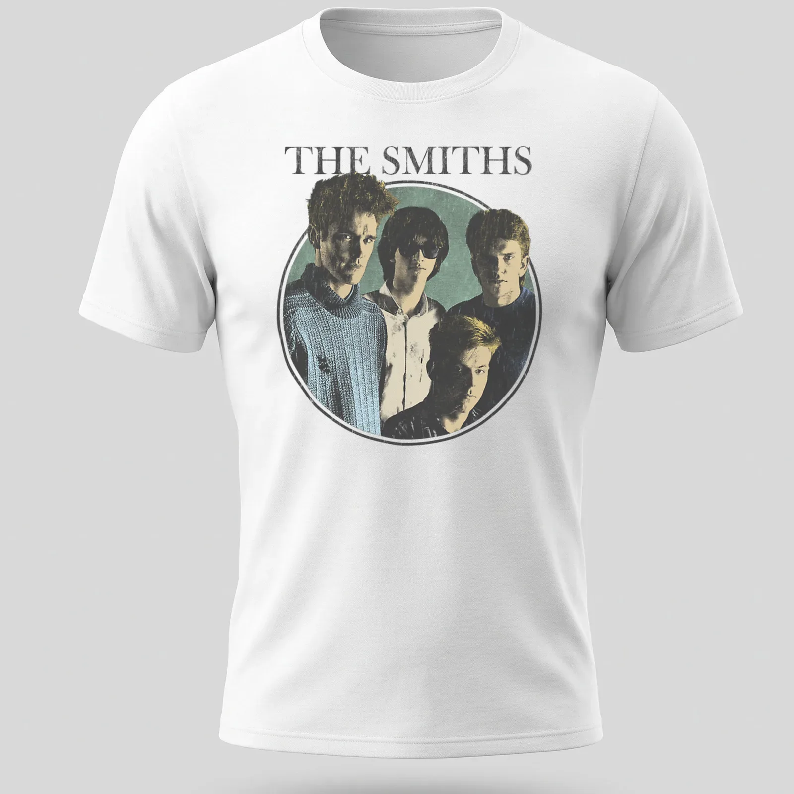 Retro portrait of The Smiths band members in blue, black, white, and green — printed on a unisex t-shirt