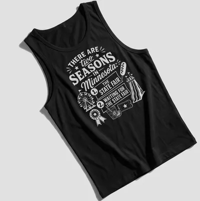 Vintage typography T-shirt featuring Minnesota State Fair humor — printed on a tank top