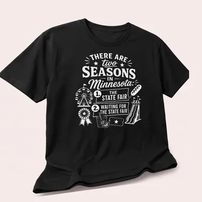 Vintage typography T-shirt featuring Minnesota State Fair humor — printed on a unisex t-shirt (angled view)