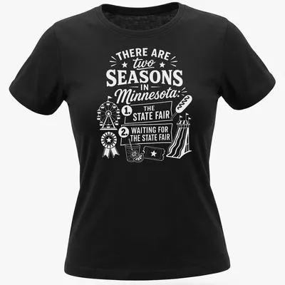 Vintage typography T-shirt featuring Minnesota State Fair humor — printed on a women's shirt