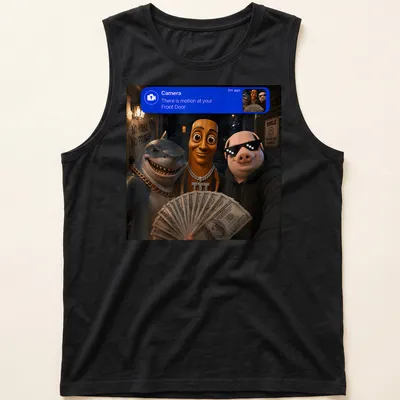 3D realistic cartoon of a shark, pig, and wooden character with text about motion — printed on a tank top