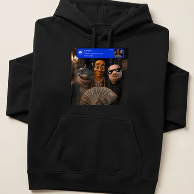 3D realistic cartoon of a shark, pig, and wooden character with text about motion — printed on a unisex hoodie