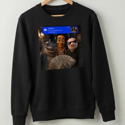 3D realistic cartoon of a shark, pig, and wooden character with text about motion — printed on a unisex sweatshirt