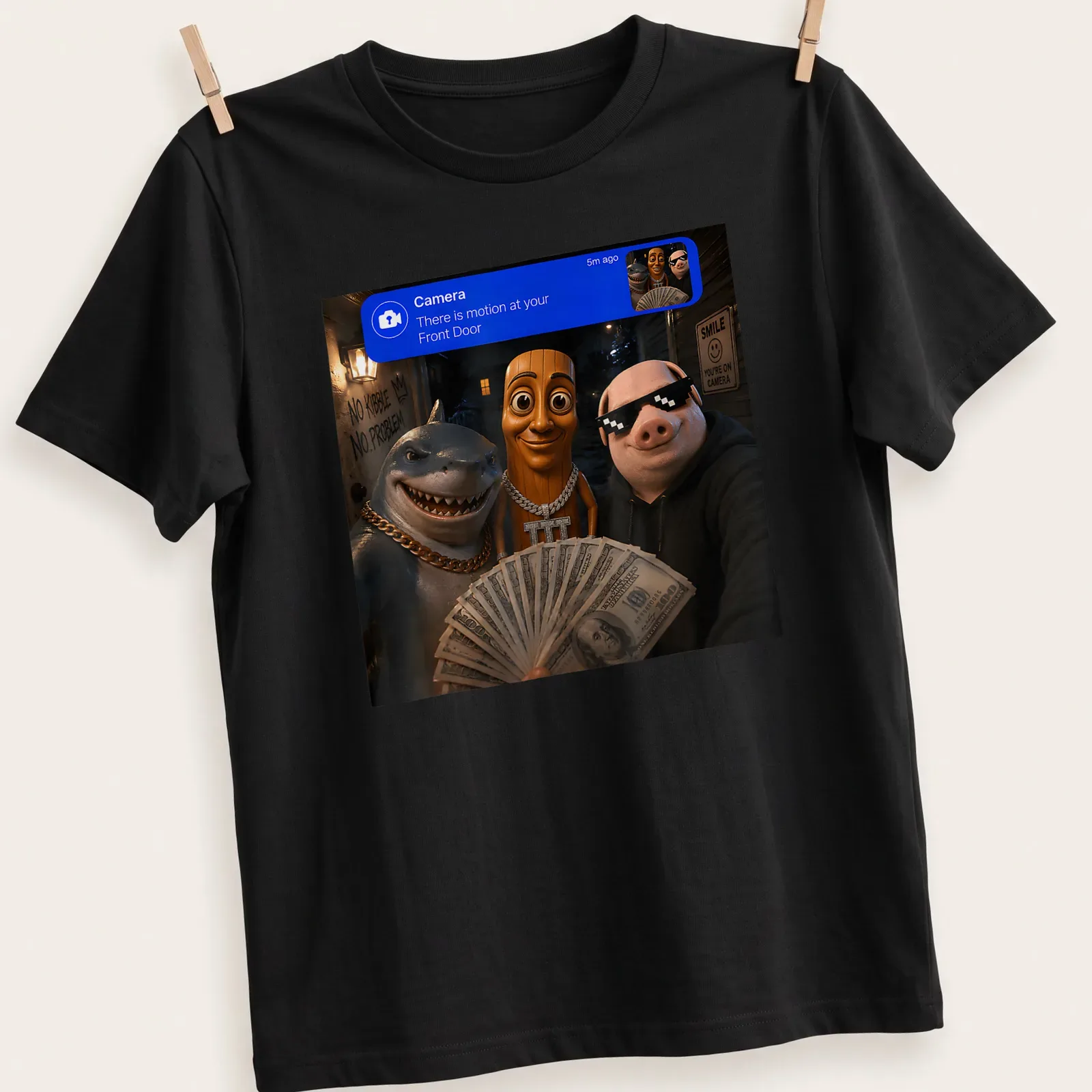 3D realistic cartoon of a shark, pig, and wooden character with text about motion — printed on a unisex t-shirt