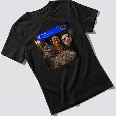 3D realistic cartoon of a shark, pig, and wooden character with text about motion — printed on a women's shirt
