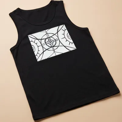Geometric line-art mandala in black and white on a spiritual — printed on a tank top