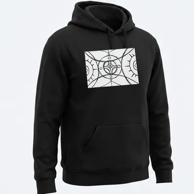 Geometric line-art mandala in black and white on a spiritual — printed on a unisex hoodie