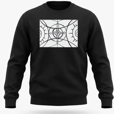 Geometric line-art mandala in black and white on a spiritual — printed on a unisex sweatshirt