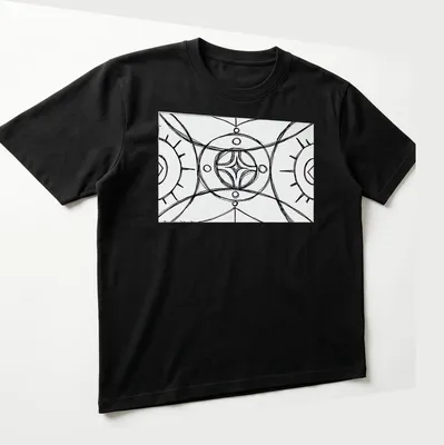 Geometric line-art mandala in black and white on a spiritual — printed on a unisex t-shirt (angled view)