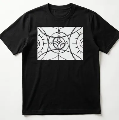 Geometric line-art mandala in black and white on a spiritual — printed on a unisex t-shirt