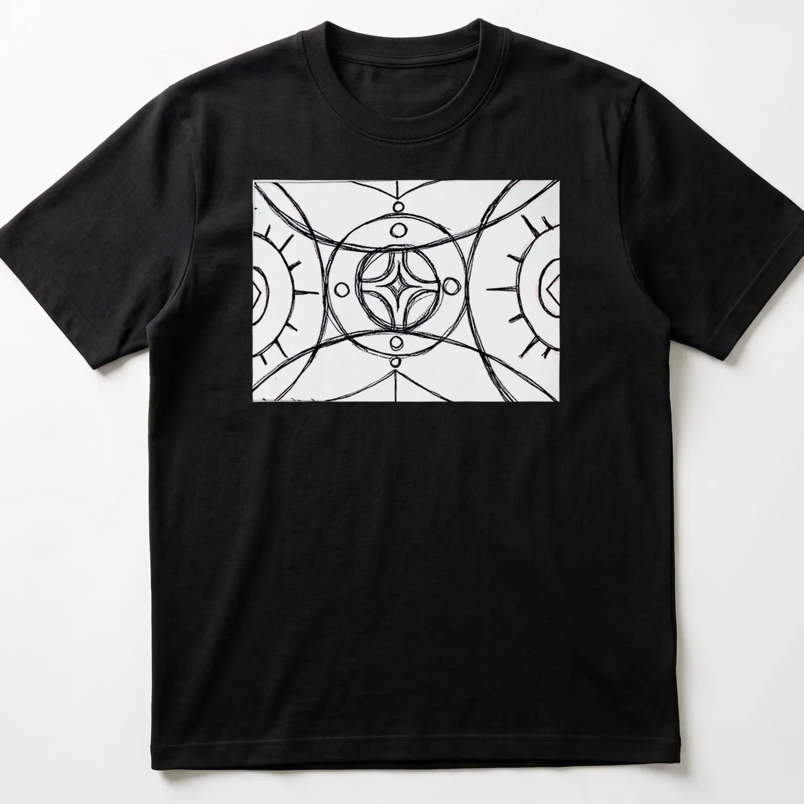 Geometric line-art mandala in black and white on a spiritual — printed on a unisex t-shirt