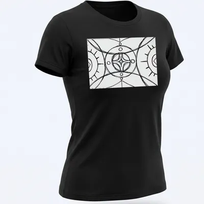 Geometric line-art mandala in black and white on a spiritual — printed on a women's shirt