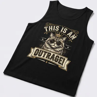 Vintage distressed Funny Cat Crown t-shirt with glasses and outrage text — printed on a tank top