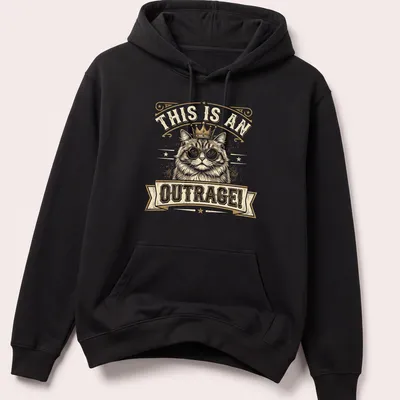 Vintage distressed Funny Cat Crown t-shirt with glasses and outrage text — printed on a unisex hoodie