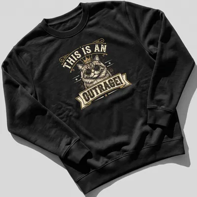 Vintage distressed Funny Cat Crown t-shirt with glasses and outrage text — printed on a unisex sweatshirt