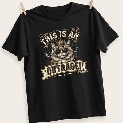 Vintage distressed Funny Cat Crown t-shirt with glasses and outrage text — printed on a unisex t-shirt