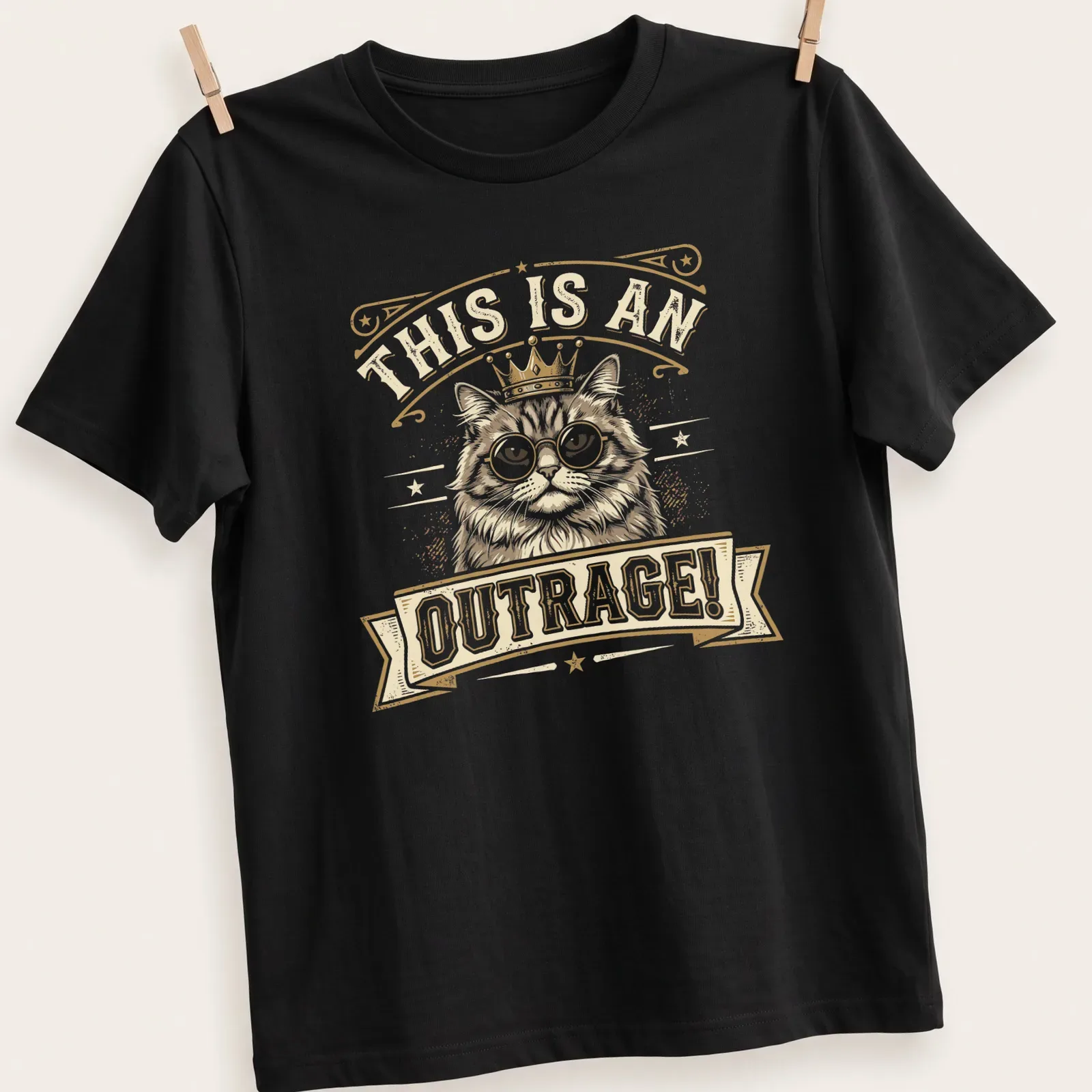 Vintage distressed Funny Cat Crown t-shirt with glasses and outrage text — printed on a unisex t-shirt