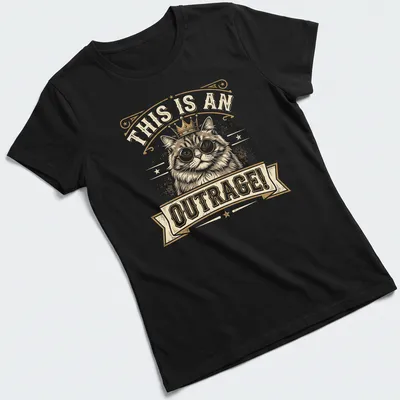 Vintage distressed Funny Cat Crown t-shirt with glasses and outrage text — printed on a women's shirt