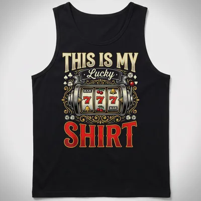 Vintage ornate slot machine t-shirt with colorful printed text and symbols — printed on a tank top
