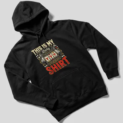 Vintage ornate slot machine t-shirt with colorful printed text and symbols — printed on a unisex hoodie