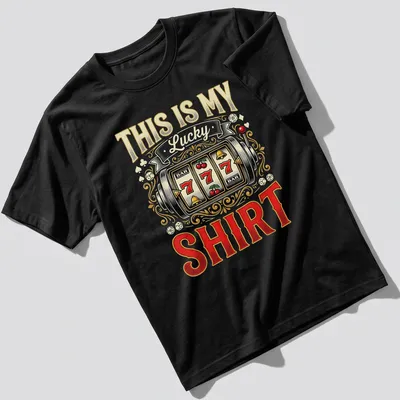 Vintage ornate slot machine t-shirt with colorful printed text and symbols — printed on a unisex t-shirt