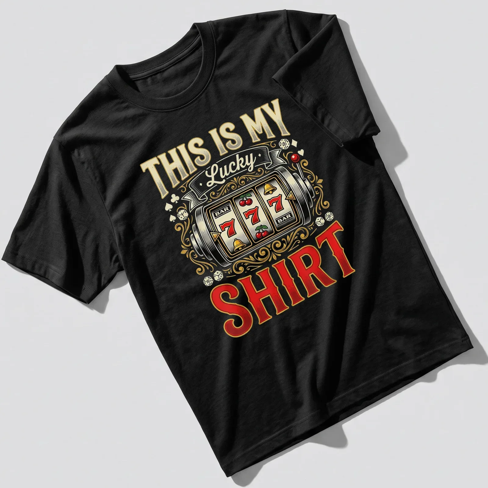 Vintage ornate slot machine t-shirt with colorful printed text and symbols — printed on a unisex t-shirt
