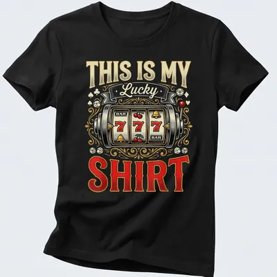 Vintage ornate slot machine t-shirt with colorful printed text and symbols — printed on a women's shirt