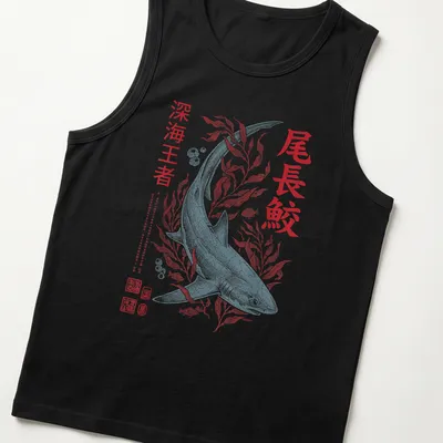 Japanese illustration of a Thresher Shark with dynamic colors — printed on a tank top