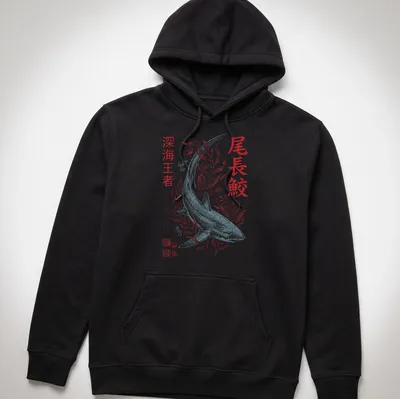 Japanese illustration of a Thresher Shark with dynamic colors — printed on a unisex hoodie