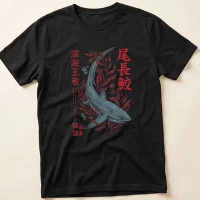 Japanese illustration of a Thresher Shark with dynamic colors — printed on a unisex t-shirt