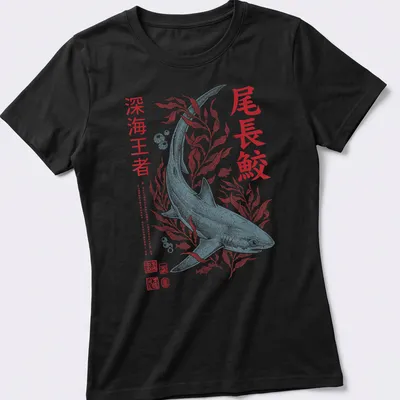 Japanese illustration of a Thresher Shark with dynamic colors — printed on a women's shirt