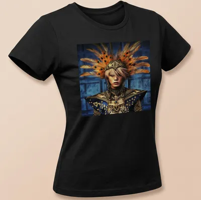 Fantasy portrait of Thunderbird God with a feathered headdress in vibrant colors — printed on a women's shirt
