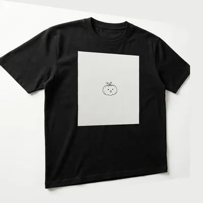 Line-art drawing of a tiny pumpkin on a white — printed on a unisex t-shirt (angled view)