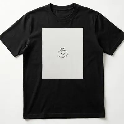 Line-art drawing of a tiny pumpkin on a white t-shirt