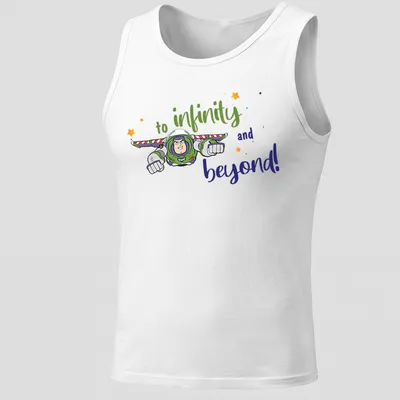 Cartoon Buzz Lightyear with the text 'to infinity and beyond!' in vibrant colors — printed on a tank top