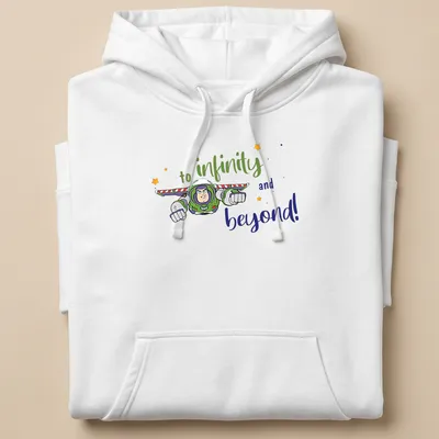 Cartoon Buzz Lightyear with the text 'to infinity and beyond!' in vibrant colors — printed on a unisex hoodie