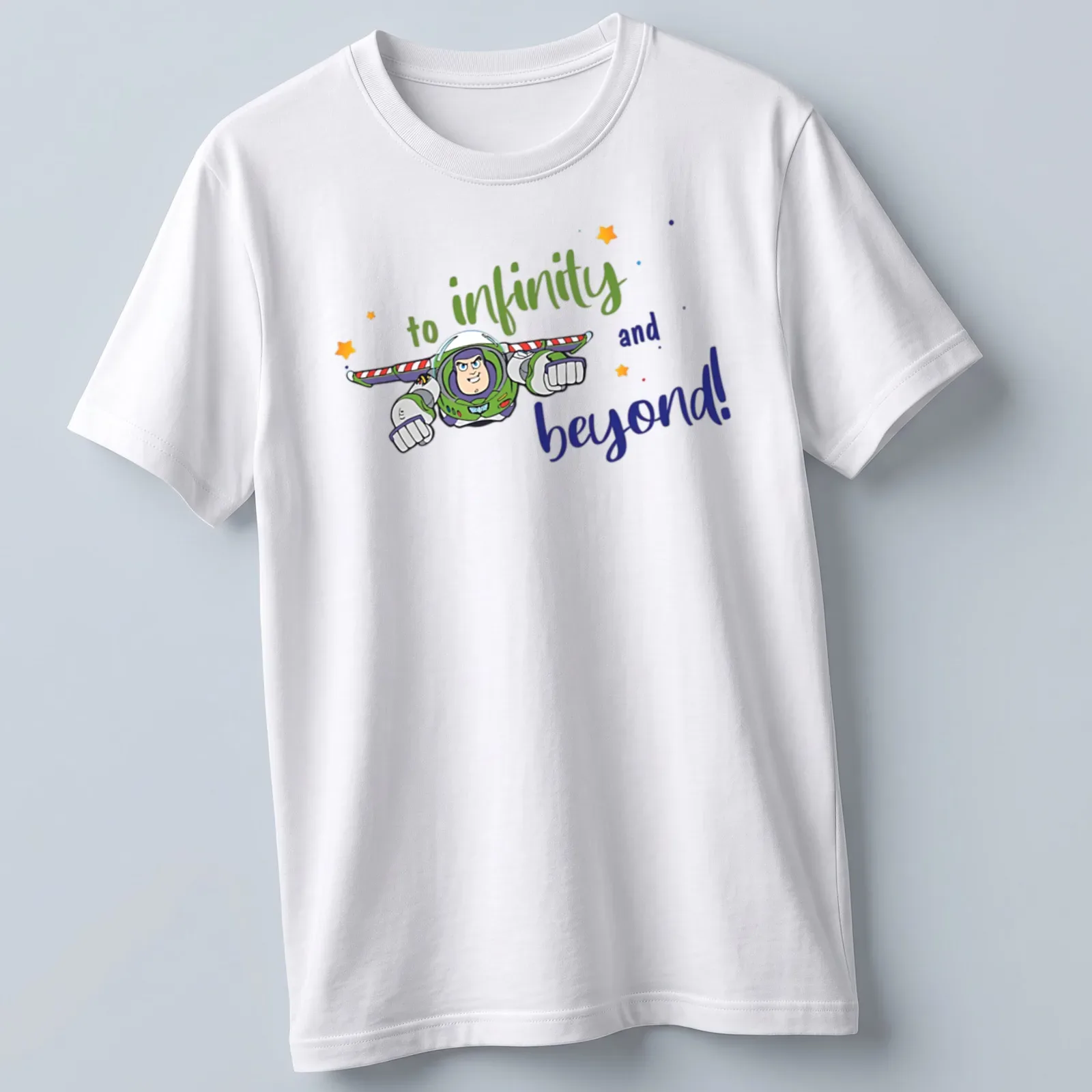 Cartoon Buzz Lightyear with the text 'to infinity and beyond!' in vibrant colors — printed on a unisex t-shirt