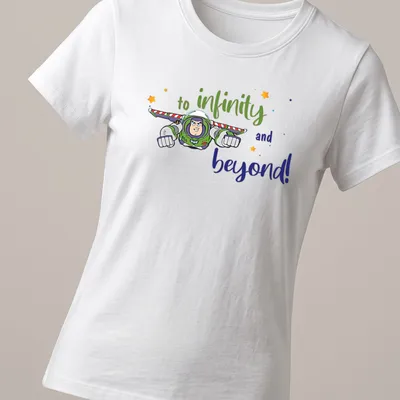 Cartoon Buzz Lightyear with the text 'to infinity and beyond!' in vibrant colors — printed on a women's shirt