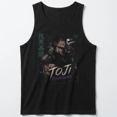 Dark anime print featuring Toji Fushiguro with intricate colors and text. — printed on a tank top