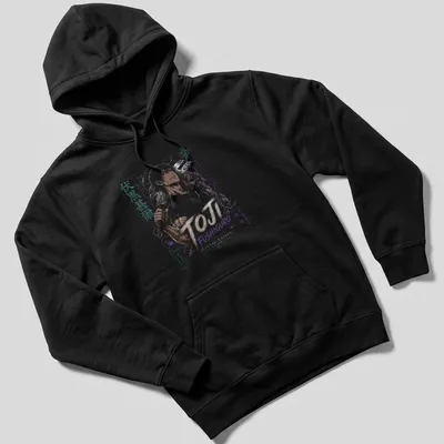 Dark anime print featuring Toji Fushiguro with intricate colors and text. — printed on a unisex hoodie